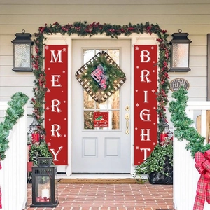 Christmas Merry Bright Porch Sign Red Welcome Banner Set For Outdoor Front Door Wall Decor Polyester Hanging Decoration