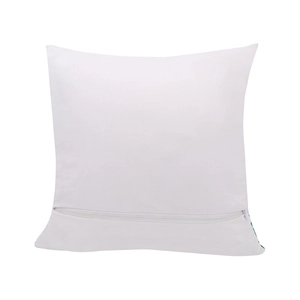 Close-up of white decorative Christmas pillow cover with hidden zipper and fabric texture