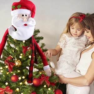 Large Santa Claus Christmas Tree Topper Hugger With Plaid Scarf Long Arms Plush Ornament For Home Holiday Decoration