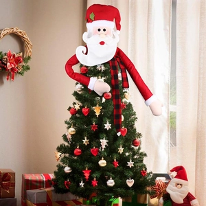 Charming Santa Claus Christmas tree topper with long arms and red black plaid scarf decoration