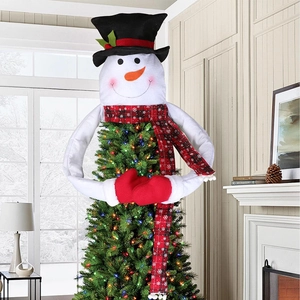 Festive snowman Christmas tree topper with black hat, red mittens and plaid scarf decor