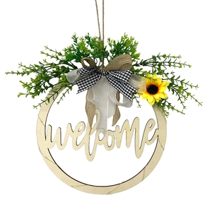 Wooden welcome door sign with yellow sunflower green leaves and rustic burlap bow decoration