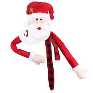 Plush Santa tree topper decoration with long bendable arms and red plaid scarf