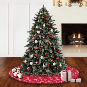 Classic red Christmas tree skirt with white snowflake patterns for home holiday decor
