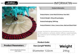 Specification chart for 122cm linen Christmas tree skirt with red black plaid ruffle edge