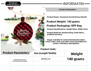 Detailed size chart for Christmas snowman hat wreath with red and black plaid fabric