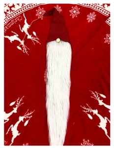 Detail of Christmas plush gnome with red knitted hat and long white beard hanging ornament