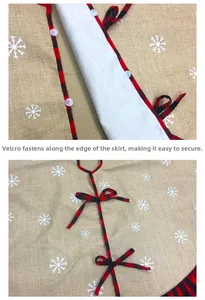 Detail of Christmas tree skirt featuring Velcro closure and classic red-black plaid ties