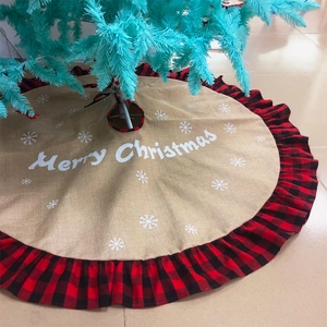 Burlap Christmas tree skirt with red and black buffalo plaid ruffled edge and snowflakes