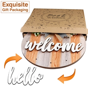 Wooden welcome door sign with LED lights and interchangeable hello text in gift box