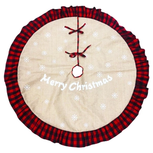 Christmas tree skirt with Merry Christmas text, snowflakes, and red-black plaid border