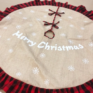 Burlap Christmas tree skirt with Merry Christmas snowflake print and buffalo plaid ruffle