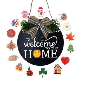 Rustic Wooden Welcome To Our Home Sign Interchangeable Seasonal Icons For Front Door Wall Decor Christmas Halloween Easter Hanging Plaque