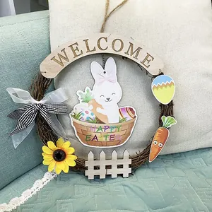 Detailed view of an Easter Welcome wreath with rabbit, sunflowers, and colorful eggs