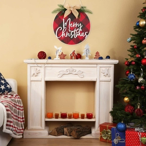 Buffalo plaid Christmas door wreath with Merry Christmas lettering on white wall decor