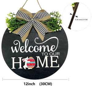 Welcome wooden door sign with 12-inch round base, burlap bow, and Easter rabbit theme