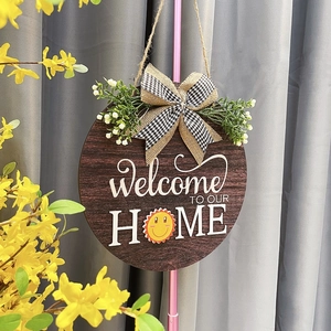 Panneau de bienvenue en bois pour la maison avec nœud à carreaux et tournesol