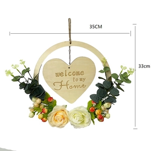 Rustic wood welcome wreath with heart plaque and artificial roses for front door decor