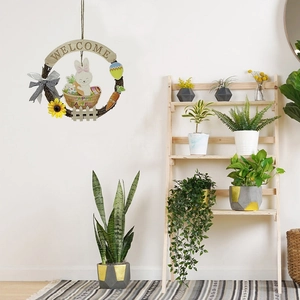 Easter Welcome wreath with bunny, eggs and sunflowers for spring home door decoration