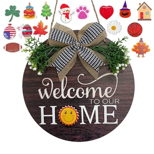 Panneau de Bienvenue en Bois de Pin de Vacances Interchangeable Crochet de Porte Rond Avec Icônes Saisonnières Décoration Maison