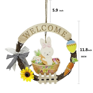 Handcrafted Easter bunny welcome wreath with sunflower and colorful eggs on white background