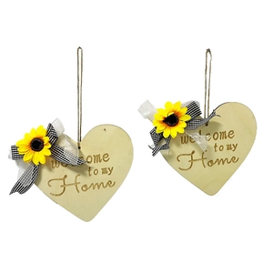 Rustic heart-shaped wooden welcome sign with sunflower and black checkered bow