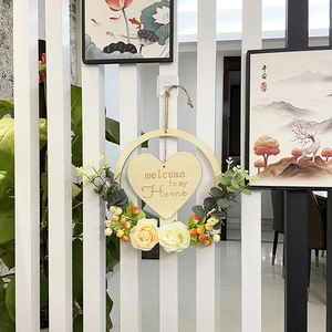 Wooden heart welcome wreath with white roses and eucalyptus for front door home decor