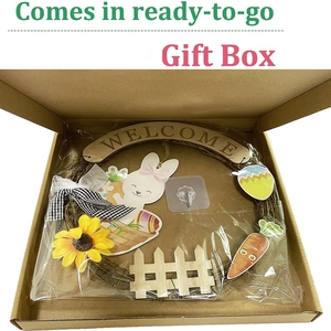 Easter bunny wreath with Welcome sign in a brown gift box with a clear window