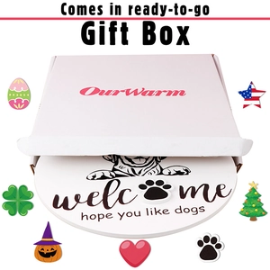 Interchangeable wooden welcome sign with seasonal dog theme icons and gift box