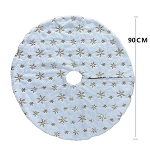 White faux fur 90cm Christmas tree skirt with golden sequin snowflake embroidery