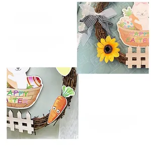 Detail of Easter door wreath with bunny basket, carrots, sunflowers and Happy Easter sign