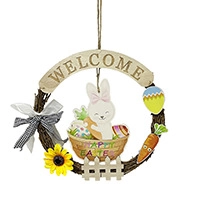 Detailed view of Happy Easter welcome wreath with bunny, colorful eggs and sunflower