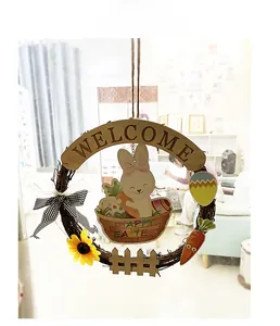 Close-up of Easter bunny welcome sign with rattan wreath, sunflowers and plaid bow decoration