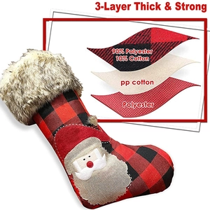 Classic red plaid Christmas stocking with 3-layer thick material and Santa applique
