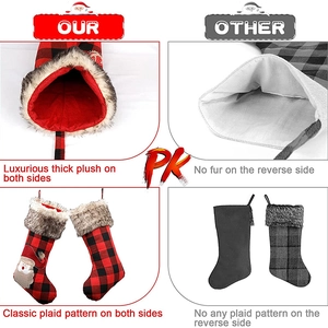 Detail showing double-sided thick fur collar and buffalo plaid on Christmas stockings
