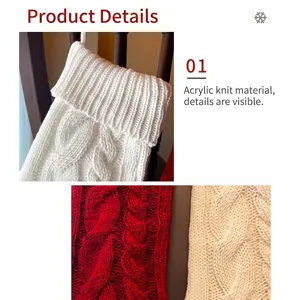 Large red and white knitted Christmas stockings with cable pattern for holiday decor