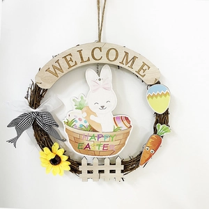 Easter Wreath Door Hanger Welcome Sign Rabbit Sunflower Egg Decoration Rustic Pine Wood Vine Spring Holiday Home Decor