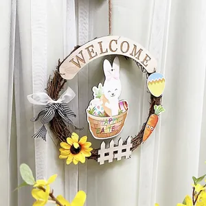 Easter bunny welcome wreath with grapevine base, sunflower accents and colorful eggs