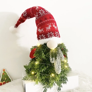 Christmas gnome ornament with LED lights, red knit deer hat and faux pine needles body