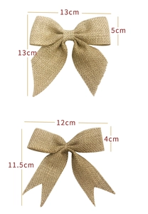 Detail showing two sizes of rustic burlap Christmas bows with specific measurements