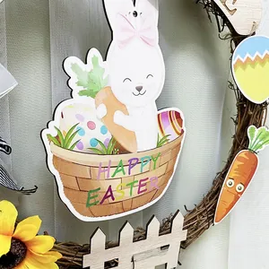 Detail of wooden Happy Easter sign with white bunny and colorful eggs in vine wreath