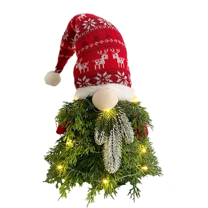 Christmas LED gnome ornament with red knitted hat and warm glowing pine needle body