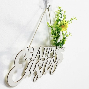Happy Easter wooden rabbit wreath wall hanging with artificial green leaves and flowers