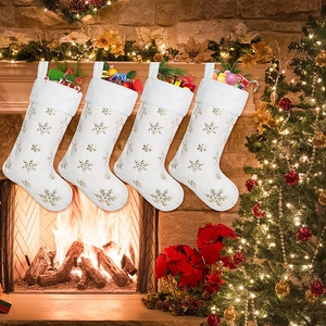 Large White Plush Christmas Stocking Sequin Embroidery Snowflake Gold Silver Xmas Gift Bag For Holiday Home Party Decor