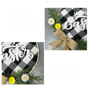 Detail of Happy Easter door hanger with buffalo check pattern and daisy flowers