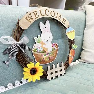 Close-up of Easter wreath with rattan base, wooden welcome sign, and bunny floral accents
