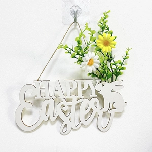Wooden Happy Easter bunny wreath with faux daisies and green foliage for wall hanging