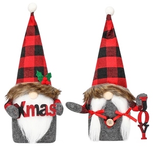 Christmas gnomes with red black plaid hats and Xmas JOY signs for festive holiday decor