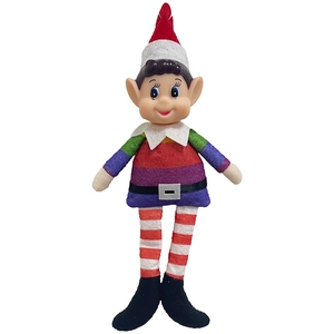 Christmas elf doll with rainbow striped shirt and red hat on a clean white background