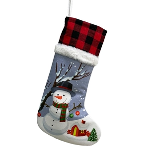 Classic snowman Christmas stocking with red buffalo plaid cuff and soft white faux fur trim